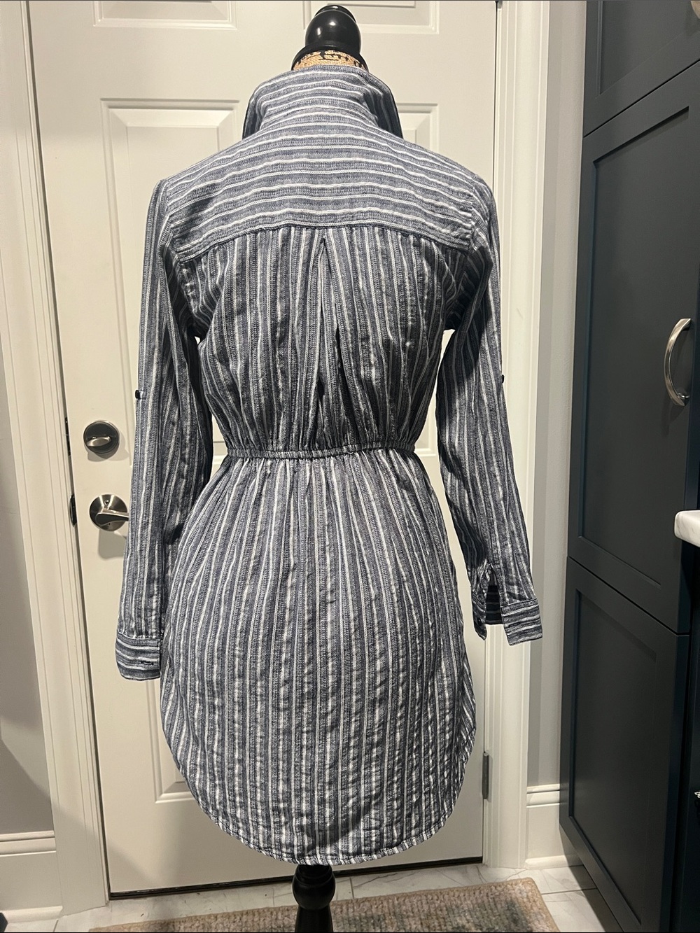 Japna Sz S Striped Button-Front Shirt Dress with Tie Waist - Blue/White - Picture 2 of 8